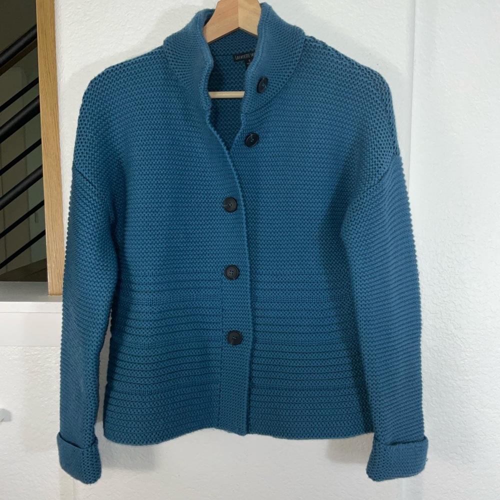 Lafayette 148 New York Teal Button-Up Fine Wool Cardigan